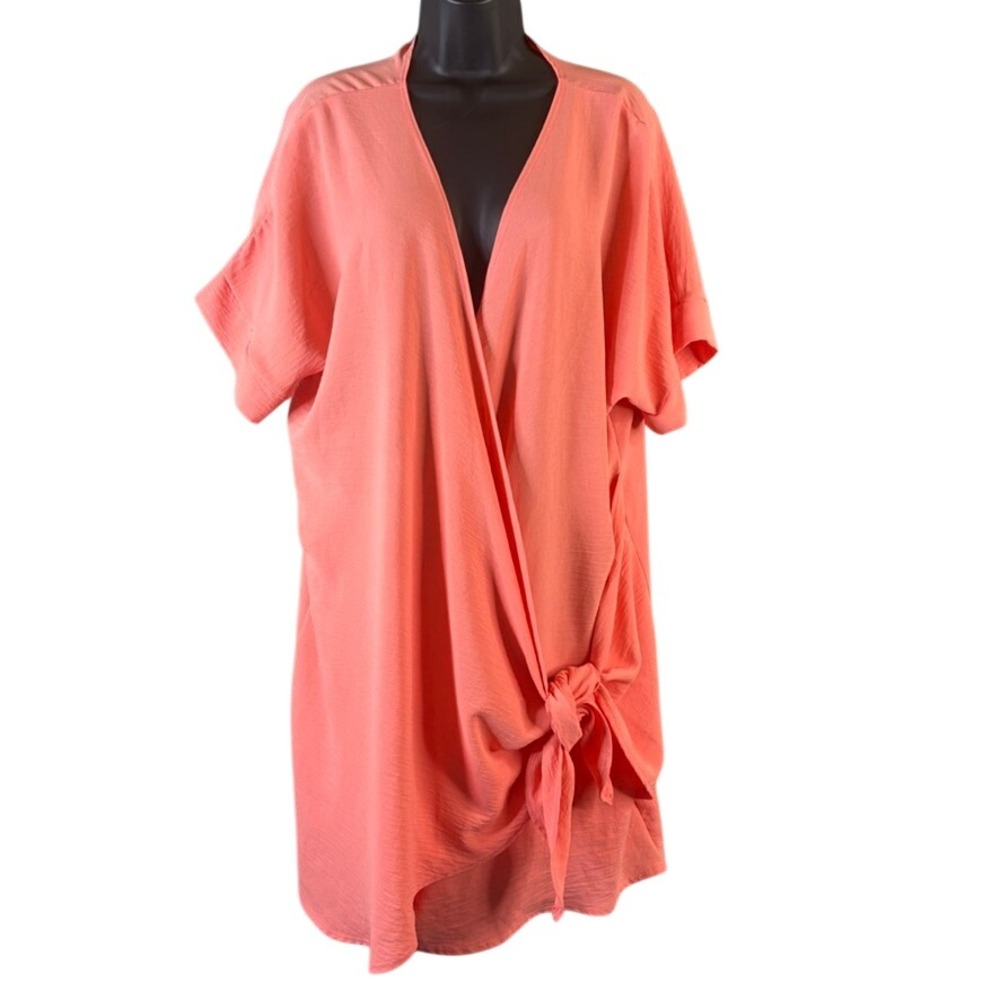Carole‎ Christian Coral Pink Side Tie Coverup Womens Large Short Sleeve V-Neck